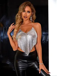Women's Glitter Asymmetrical Hem Elegant Sleeveless Halter Neck Top, Sexy Chain Linked Backless Fitted Crop Top, Ladies Summer Clothes for Party Club Dating, Womenswear