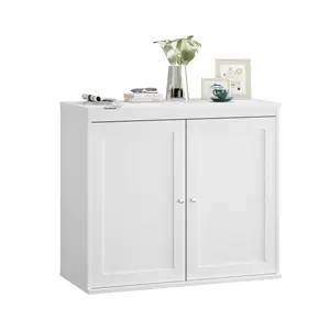Modern Minimalist Double Door Storage Cabinet White MDF Construction Adjustable Shelves Anti-Tip Safety Design Multi-Purpose Sideboard for Kitchen Bedroom Study Kids Room