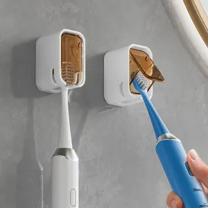 2-Pack ABS Toothbrush Holders, Classic Waterproof Wall-Mounted Single-Slot Design with Cover for Bathroom & Travel Use