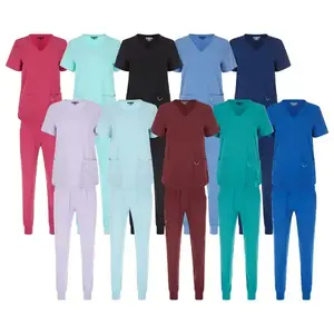 Women's 2 Piece Stretch Jogger Scrubs Set Solid V-Neck Nursing Uniform Quick Dry Breathable(Sheet)