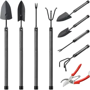 Set, 5-Piece Heavy Duty Gardening Tools Kit with Extendable Handle, Metal Trowel, Cultivator, Weeder, Pruner, Grips for Yard Raised Bed, Gift for Women, Men, Kids