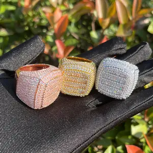 Iced Out Ring for Men Real Gold Plated Prong Setting Copper CZ Stones Hip Hop Fashion Trend Jewelry