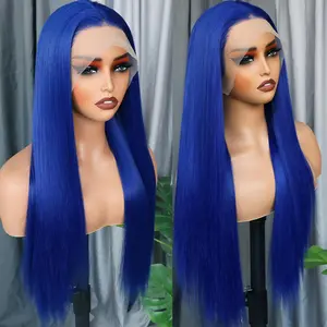 AMZHAIR Blue Colored Human Hair Wig 13x4 13X6 Lace Frontal Wigs Guleless Wigs Bone Straight Lace Front Human Hair Wig 250% Density For Women Brazilian Remy Human Hair Wig