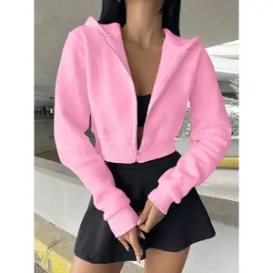 Women's Pink Crop Hoodie Coat with Front Zip, Casual Streetwear Style, Soft Material, Ideal for Daily Fashion and Outdoor Activities