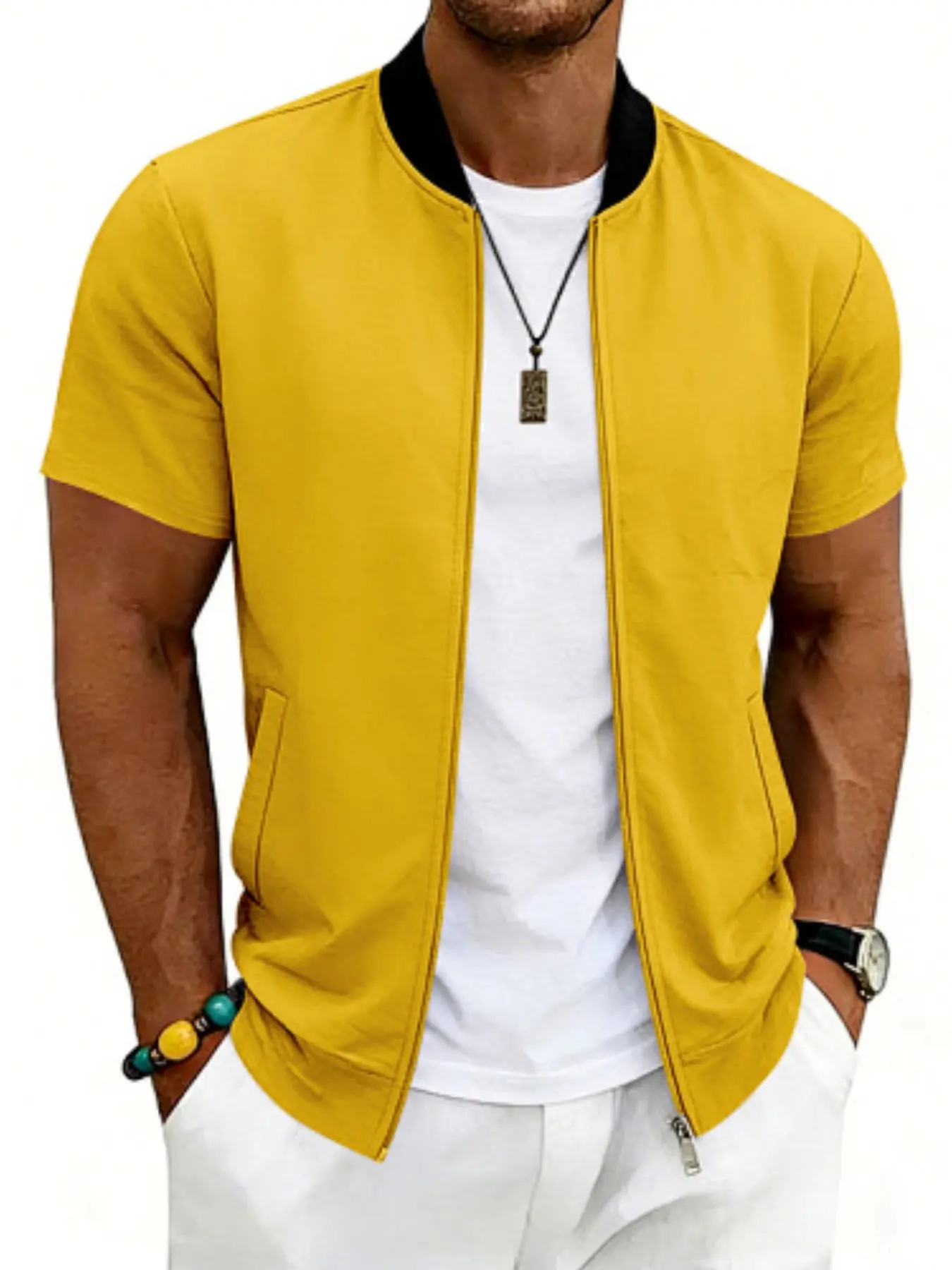 Men's New Basic Short Sleeve Baseball Jacket, Zipper Front Solid Color Plain Simple Design, American Urban Casual Style, Spring Summer Thin Coat, Casual Fashion Outerwear, Menswear