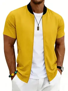 Men's New Basic Short Sleeve Baseball Jacket, Zipper Front Solid Color Simple Design, American Urban Casual Style, Spring Summer Thin Coat