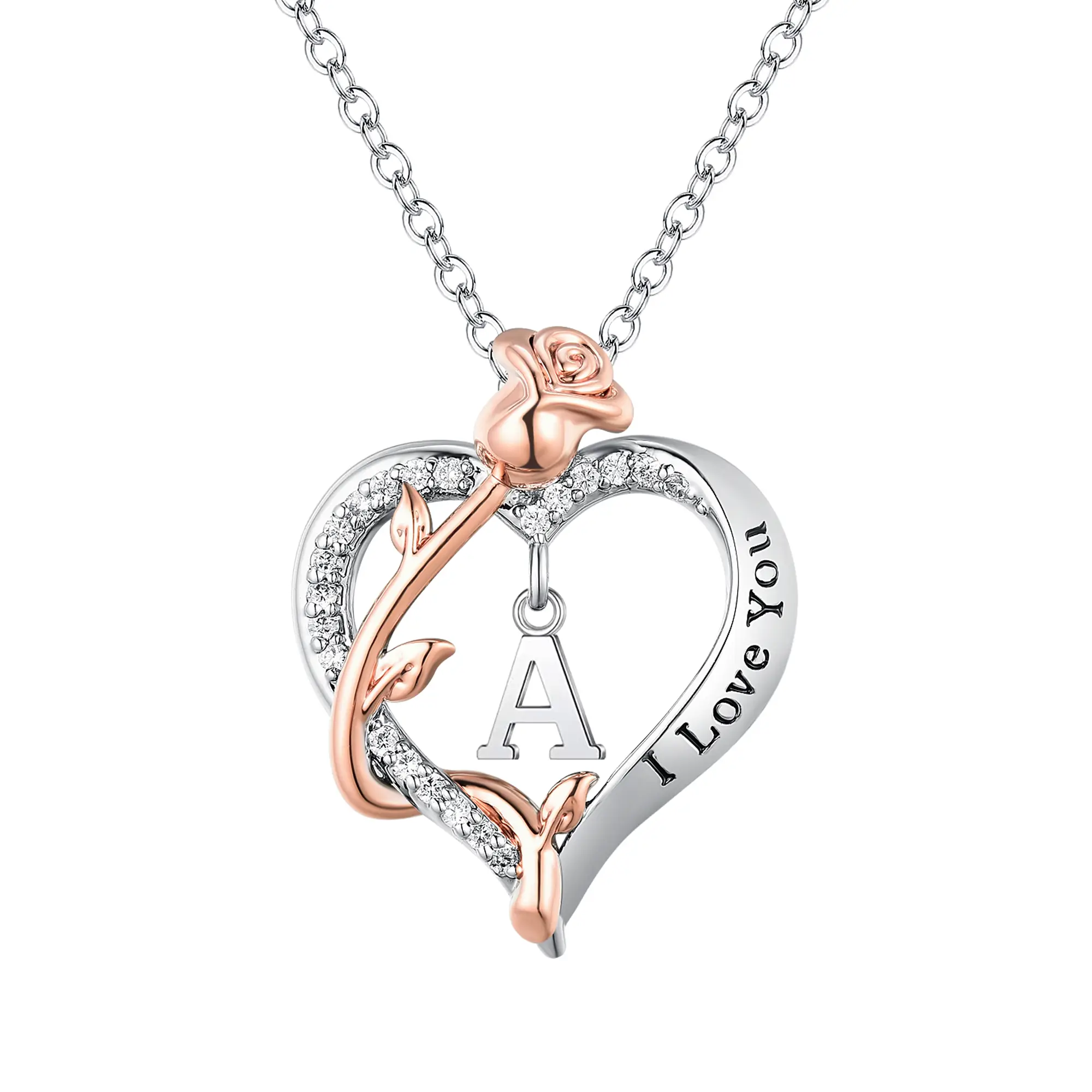 Rose Heart Necklace Gifts for Women Girls, I Love You CZ Heart Initial Letter Pe...