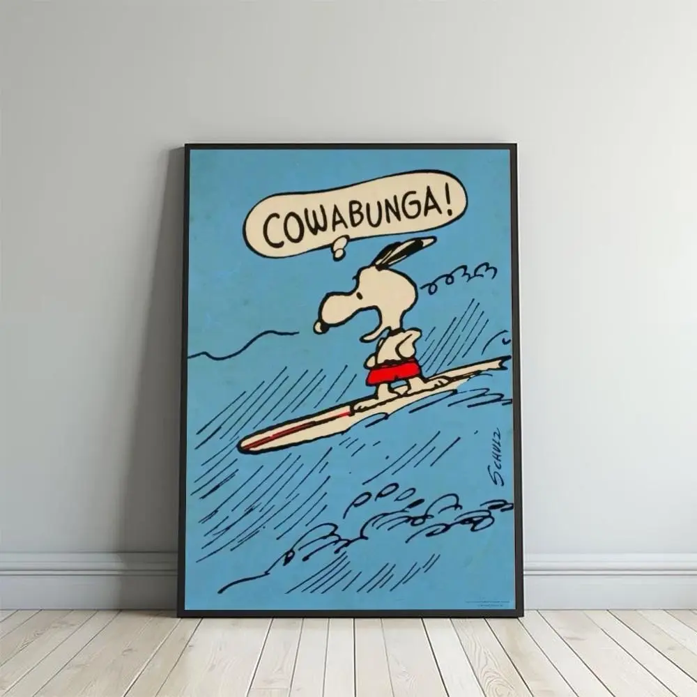 Custom Snoopy Cowabunga Surfing Poster, Classic Peanuts Vintage Home Decor Wall Art Print