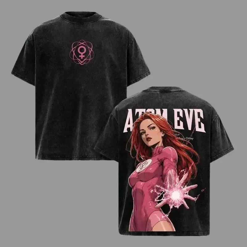 Men's Soft Washed Oversized Crew Neck Short-Sleeve T-Shirt - Bold Atom Eve Letter, Pink Hero Sketch Print, Grunge Comic Design - Menswear Top for Skate Park, Daily Outfit Casual Crewneck Tshirt Streetwear
