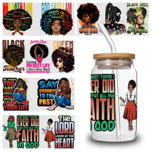5 Sheets Black Girl UV DTF Stickers DIY Water Bottle Glass Cups Decoration UV DTF Stickers Waterproof Rub on Transfers Glass DTF Transfer Stickers