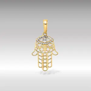 Yellow and White 14K Gold Diamond-Cut Hamsa Evil Eye Pendant - Model M2943