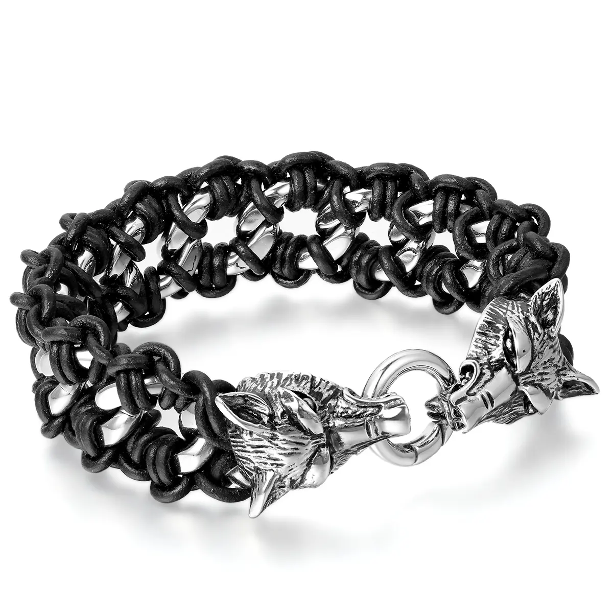 OIDEA Men's Double Wolf Head Leather-Steel Bangle, Heavy Duty Rust-Resistant Black Stainless Steel Emo Gothic Bikers' Braided Adjustable Fashion Bracelet Wristband