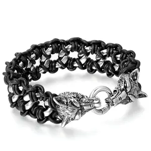 OIDEA Men's Double Wolf Head Leather-Steel Bangle, Heavy Duty Rust-Resistant Black Stainless Steel Emo Gothic Bikers' Braided Adjustable Fashion Bracelet Wristband
