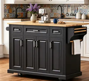 54-inch Large Kitchen Island with Rubber Wood Drop Leaf Embossed Texture Rolling Cart on Four Wheels with Four Doors and Three Drawers for Kitchen and Dining Room Storage Elegant Rustic Design