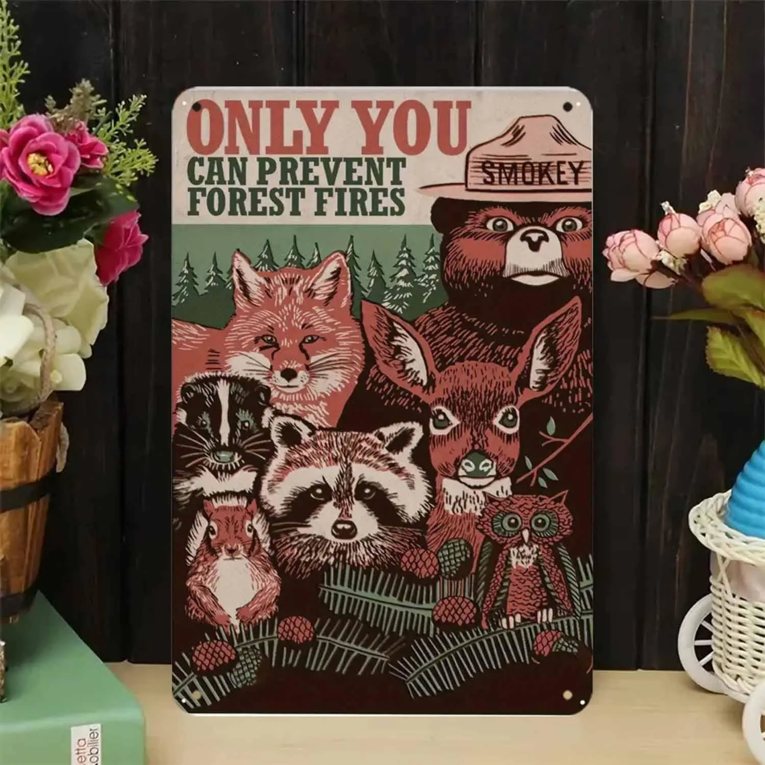 Smokey Bear Retro Nature Artistic Metal Sign Print, 8x12 in Decorative Lightweight Home Wall Decor, 2025 Fashion Resin Middle Finger Ghost Statue for Bedroom Dorm Bathroom