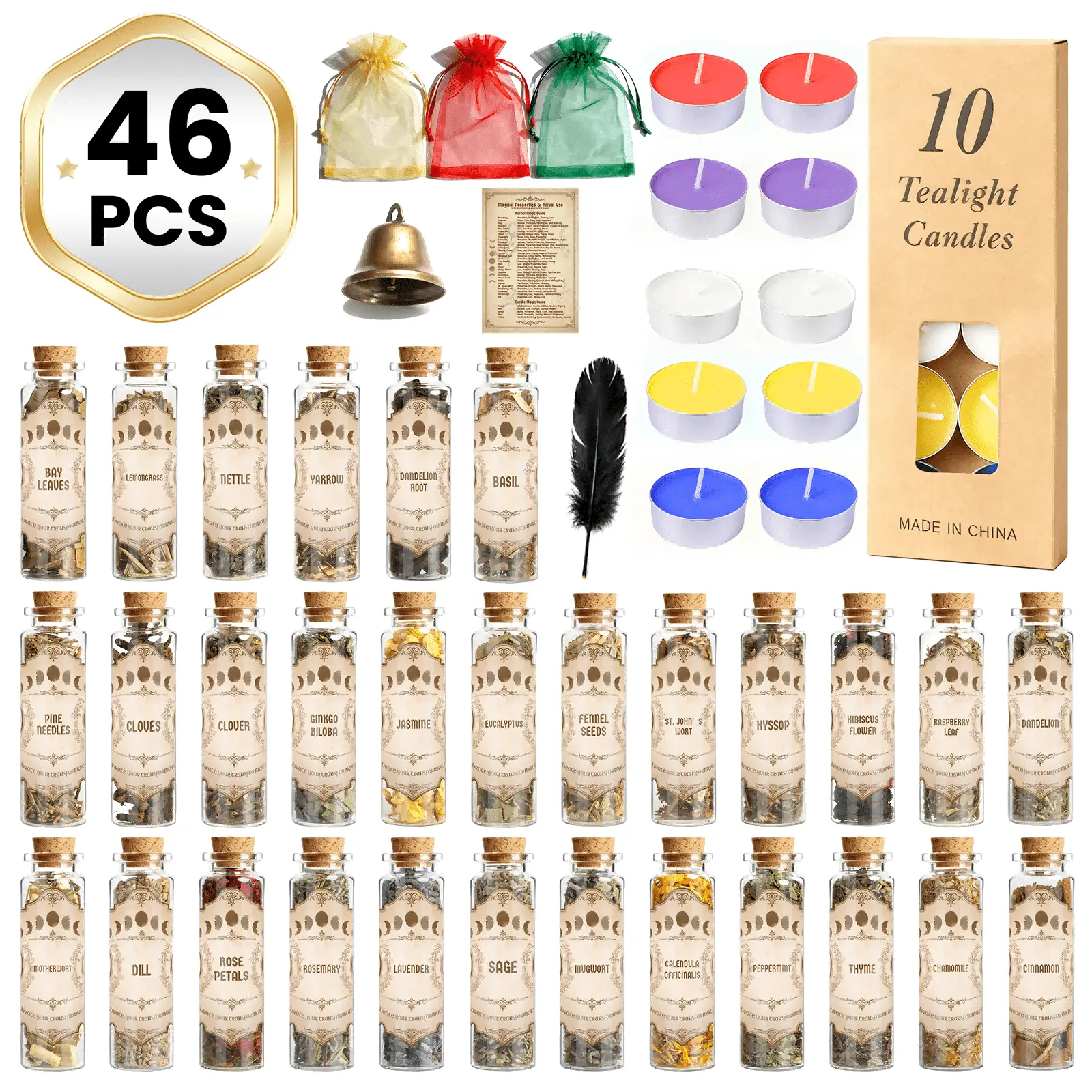 46-Pack Witchcraft Dried Herbs & Flowers Gift Kit for Witchcraft Beginners - 30 Herb Bottles, 10 Colorful Candles, 3 Scented Sachets, Feather, Bell for Casting, Spell Parchments, Guide Book, Incense Making Altar Supplies, Gift-Ready Home & Festive Supply,
