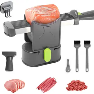 Fresh meat slicer Thickness adjustable 2 or 4 mm 17 blades can cut 18 slices of meat Manual meat slicer Beef Pork Lamb slicer for home cooking BBQ hotpot Quick slicing shredding dicing (gray)
