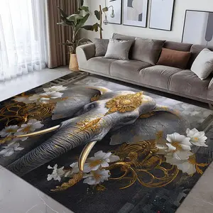 Elephant & Flowers Pattern Flannel Area Rug, 1 Count Non-slip Soft Floor Carpet, Decorative Area Rug for Home Living Room Bedroom Hotel Dormitory