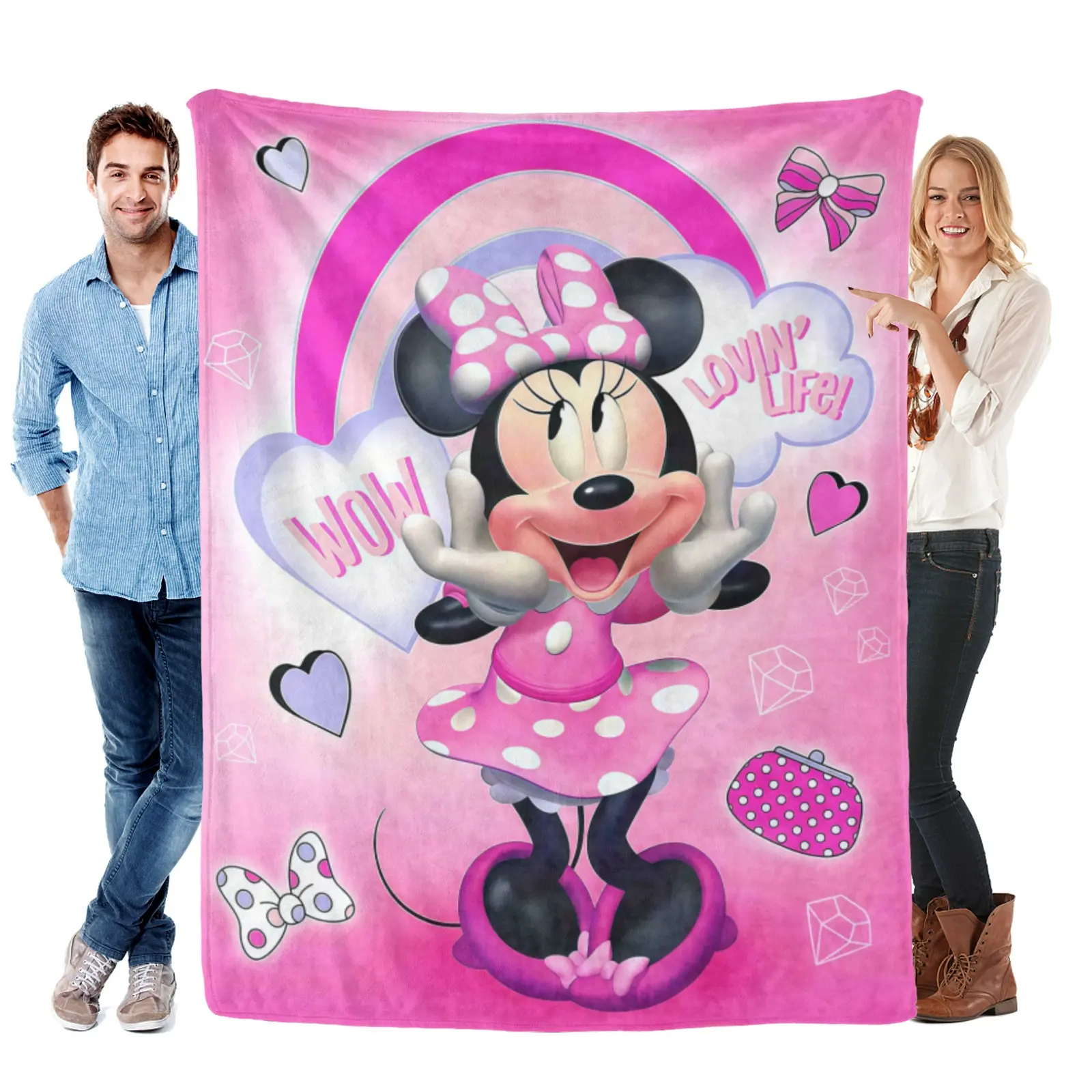 [Summervibes] Disney Pink Gradient Minnie Mouse Blanket, Lightweight Sofa Throw, Little Girls Dorm Decor, Polka Dot Purse Art Throw