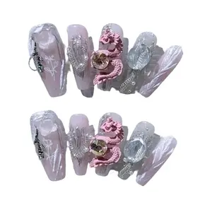 JC Glittering Fake Nails, 64-Piece Handmade Premium Set, Ice Nude Gradient Design with Pink Dragon Beads & Rhinestones, Detachable Reusable Medium Size, 70g Cuticle Care (Niche Nail Art Kit for Beauty & Personal Care)