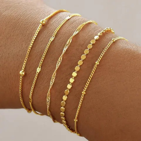 Gold Bracelets for Women, Fashion Wrist Jewelry, 14K Gold Plated Stackable Everyday Wear Bracelet Set, Adjustable Charm, Paperclip Chain, Snake Link, Layered Waterproof Jewelry, Gifts