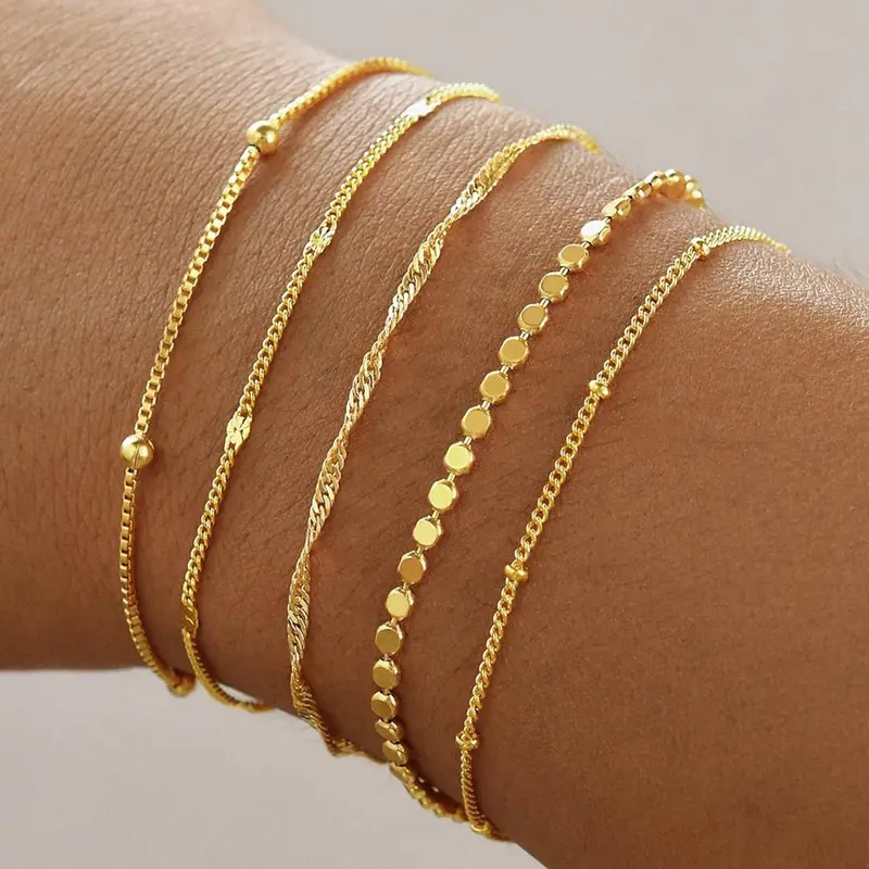 Gold Bracelets for Women, Fashion Wrist Jewelry, 14K Gold Plated Stackable Everyday Wear Bracelet Set, Adjustable Charm, Paperclip Chain, Snake Link, Layered Waterproof Jewelry, Gifts
