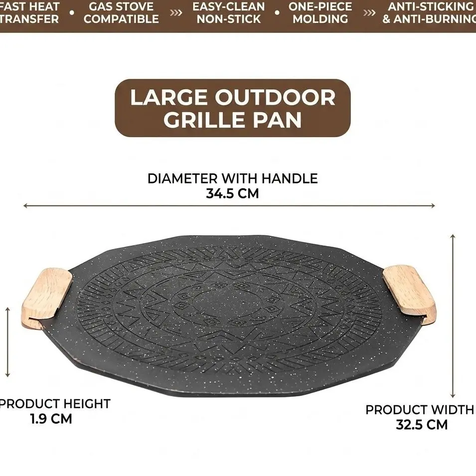 Large Non-Stick Outdoor Grill Pan, Fast Heating BBQ Griddle Plate for Camping & Picnic, Gas Stove Compatible Anti-Burning Skillet with Wooden Handles, Easy Clean One-Piece Cookware (34.5cm)