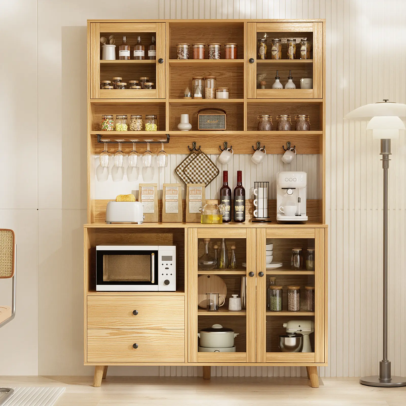 72.5"H Kitchen Hutch with 4 Door,2 Drawer, Hanging Rack & Adjustable Shelf, Sideboard Buffet, Storage Pantry Cabinet for Dining Room, Living Room