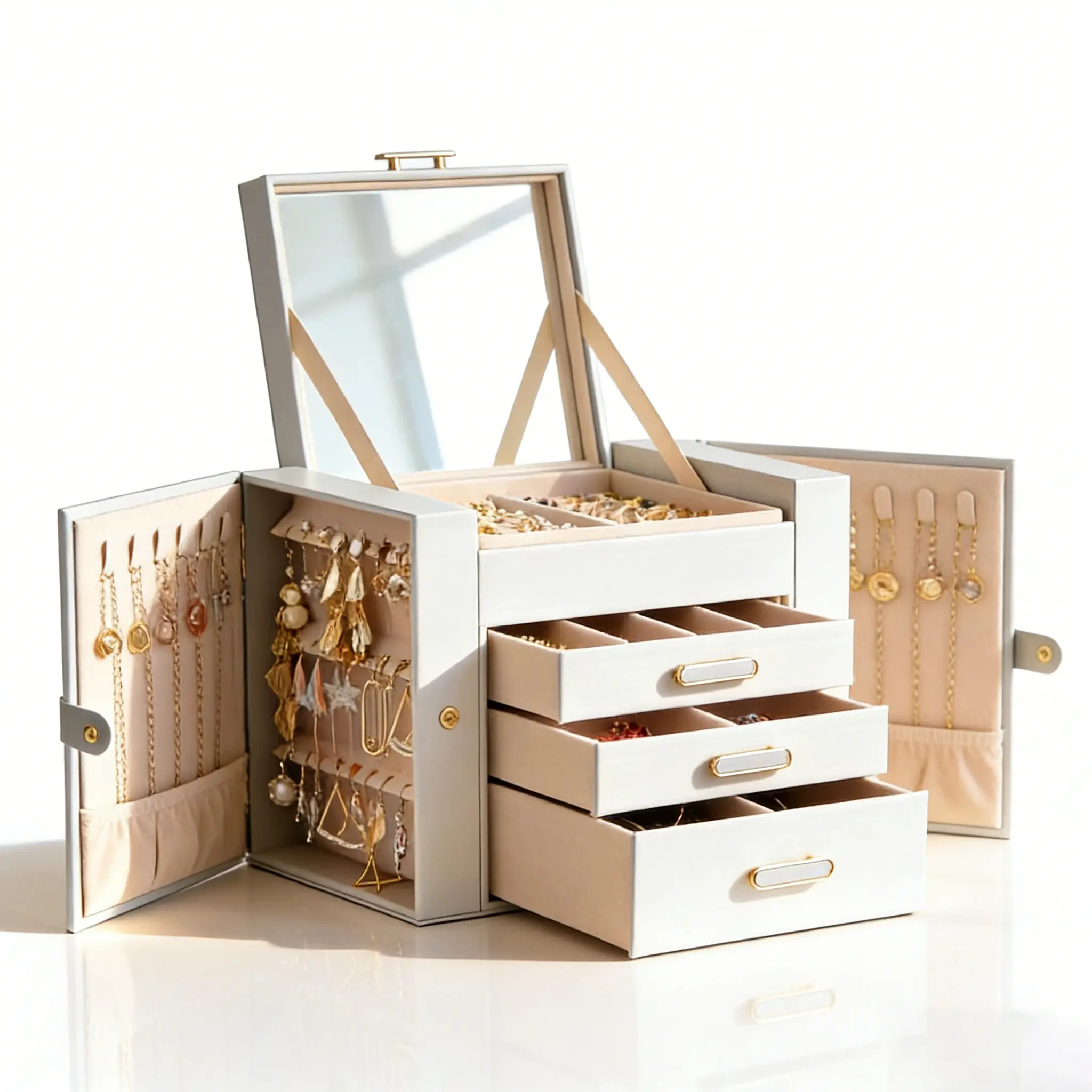 BOOVO Pearl White 4-Tier Women's Jewelry Organizer Box - Large PU Leather Storage with Double Doors, Mirror, 3 Side Drawers, Compartment, Anti-tarnish Felt Lining, Rose Gold Hardware, Gift for Moms, Anniversaries