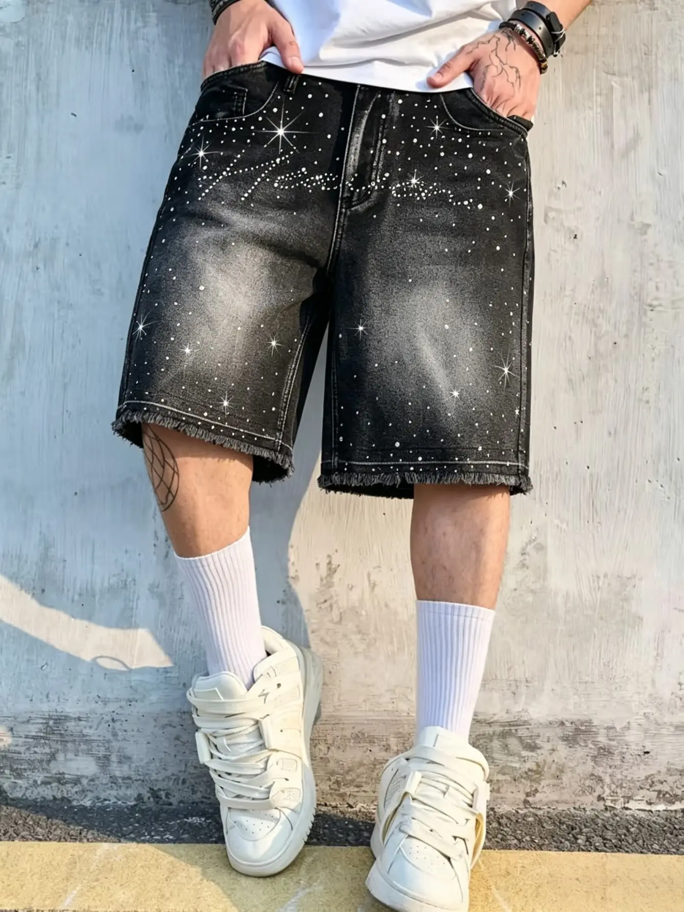 Men's Mid-Waist Cotton Denim Jorts - Loose Street Wear Spring/Summer Casual Pull-On Shorts with Rhinestones, Distressed Graphic, Minimalist Fashion Design, Raw Wash
