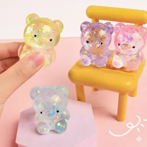 Cartoon bear squeeze toy, transparent glitter jelly texture, glitter particles for decoration, slow-rebound stress-relieving toy, desktop ornament, birthday gift, holiday gift, party gift, stress-relieving toy.