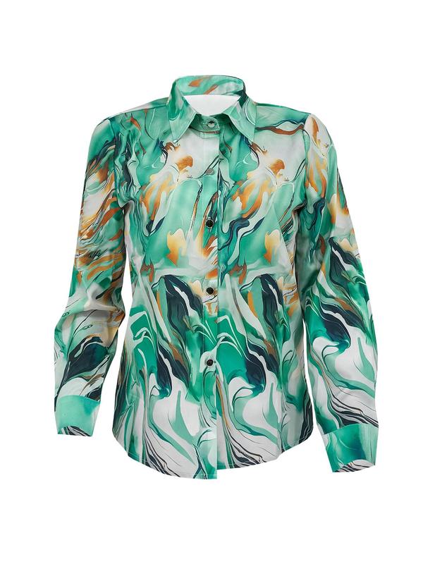 Women's Random Print Curved Hem Satin, Casual Long Sleeve Button Front Collared Blouse Top for Daily Wear, Ladies Clothes for All Seasons