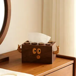 Aesthetic Surprised Face Wooden Tissue Box Cover Quirky Walnut Wood Napkin Dispenser with Peace Sign Arms Dopamine Desk Room Decor Cute Fun Vanity Organizer Holder Gift Free express
