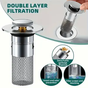 Stainless Steel Copper Core Jump Plug, Hair Filter Mesh for Sink Drain Anti Clogging Drainage, Press Type Odor Proof Plunger Stopper, Universal Drain Strainer