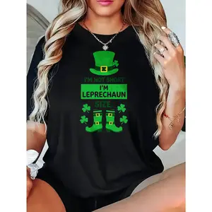 Women Casual T Shirt Black Leprechaun Hat And Boots With Clover And Text Im Not Short Im Leprechaun Size Print