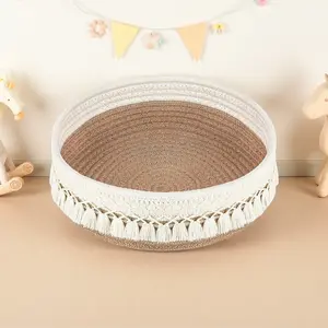 Rustic-style woven strap tassel storage basket - natural beige and white makeup organizer, Home Organizers, multi-functional rope storage box, perfect makeup storage for home decor, makeup brushes, creams, skincare products, and nail polish.