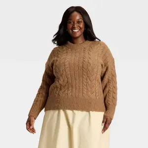 Women's Cabled Sweater - A New Day Heather Brown 1X