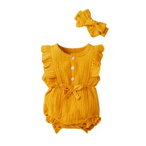 Imcute Newborn Baby Girl Clothes Ruffle Sleeve Solid Smocked Bubble Romper Jumpsuit Bow Headband Cute Summer Clothes