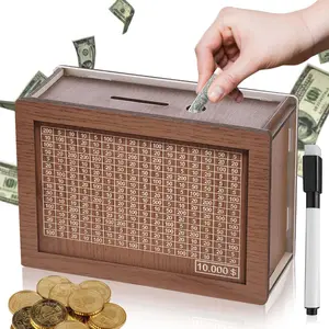 10000 Savings Challenge Box,Cash Vault Wooden Savings Box,kakeibo Money Box,Wooden Piggy Bank Coin Bank with Counting Target,The Best Gift for Boys, Girls, and Friends