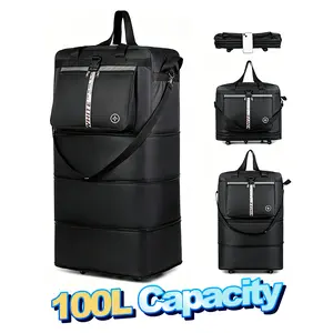 Travel essentials Large-capacity 100L foldable waterproof travel bag with wheels, easy to store and pack more items. portable storage folding luggage stylish multifunctional Spinner Expandable out double  bag for travel lightweight space wet Duffle strap