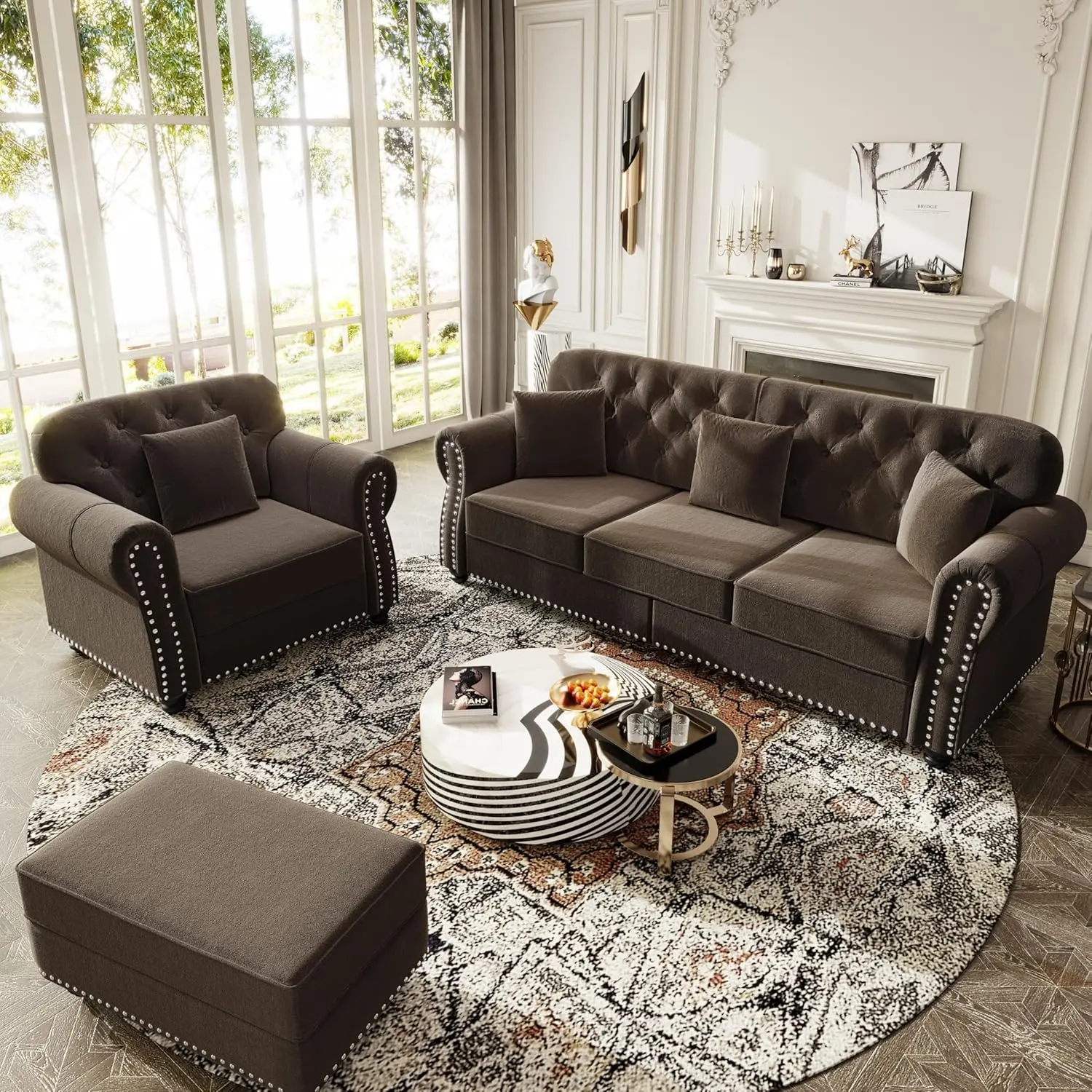 Mid-Century Chesterfield Sofa and Chair Set with Button Tufted, Upholstered Velvet 4 Seater Sofa with Nailhead Trim and Rolled Armrests, Includes 4 Pillows (Brown, 4 Seater + 1 Ottoman)