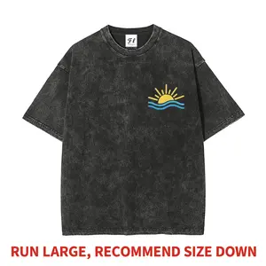Minimalist Sunset Sea Wave Aesthetic Heavyweight Boxy Fit T-Shirt Vintage Washed Oversized Pure Cotton Graphic Tee Beach Life Summer Vibe