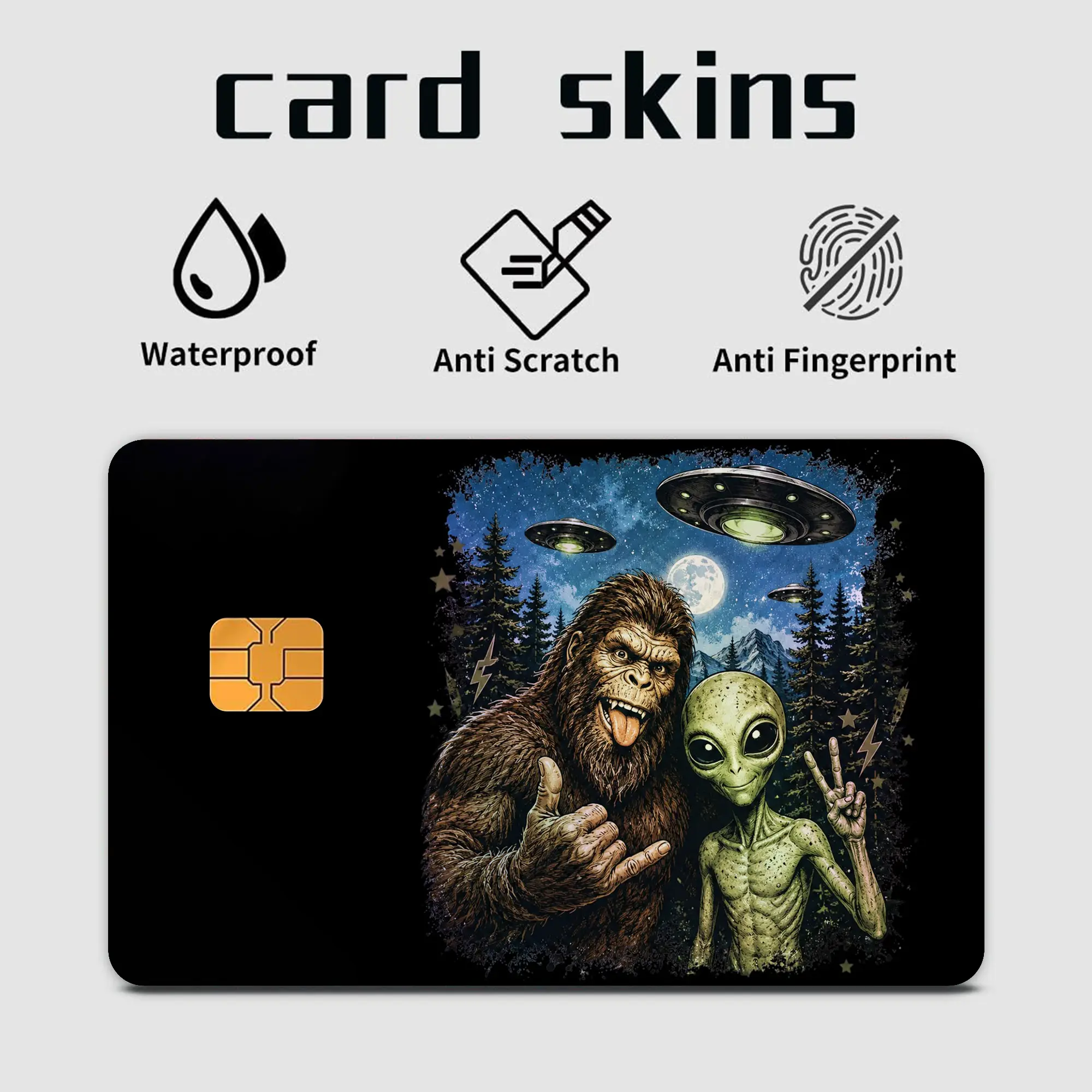 Bigfoot and Alien Credit Card Skin, UFO Forest Debit Card Sticker, Sasquatch Extraterrestrial Bank Card Cover, Waterproof Anti-Scratch Chip Card Decal, Cryptid Sci-Fi Gift