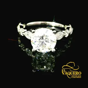 14K Gold Round Brilliant Cut CVD Diamond Engagement Ring with Marquise Accents