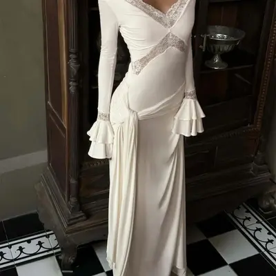 chinese dress ladies Vintage Cream White Lace Maxi Dress