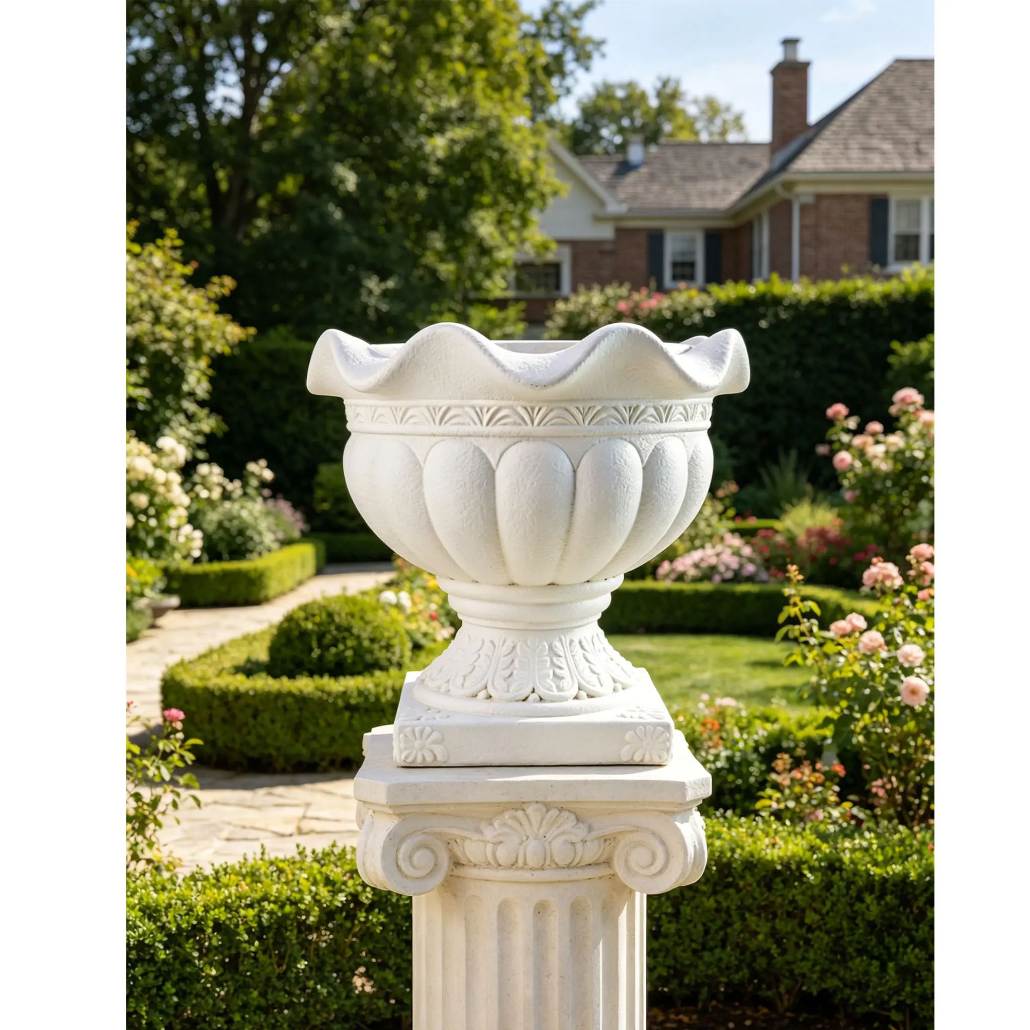 White Resin Urn Planter with Drainage Hole, 12.6" Classic Pedestal Flower Pot for Indoor Outdoor Plants, Garden Patio Wedding Decor