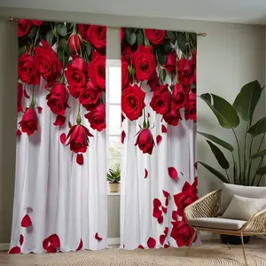 Rose Bouquet Print Curtains Set, Fashionable Home Decoration Curtain Rod Pocket Window Drapes for Bedroom & Living Room, Valentine's Day Atmosphere, Easy Installation, Home Textile
