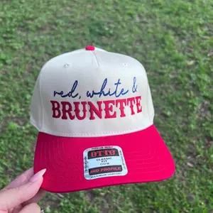 Red White & Brunette/Blonde Embroidered Trucker Hat 4th of July Patriotic Baseball Cap Funny USA Flag Hat Independence Day Outfit Gift for Mom Dad Adjustable Comfortable summerwins