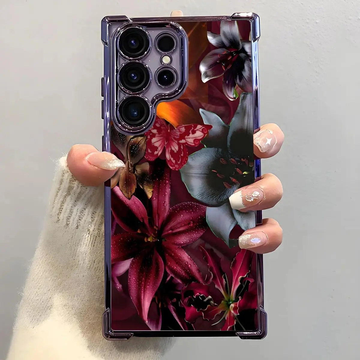Dark Vintage Lilies Collage Durable Cellphone Case - Electroplated, Airbag Shockproof, Slim Soft TPU Casing for Samsung S26,S25,S24,S23,S22 Ultra,S25Edge,S24FE Plus,S25+ Multi-Model Floral Mobile Phone Accessories