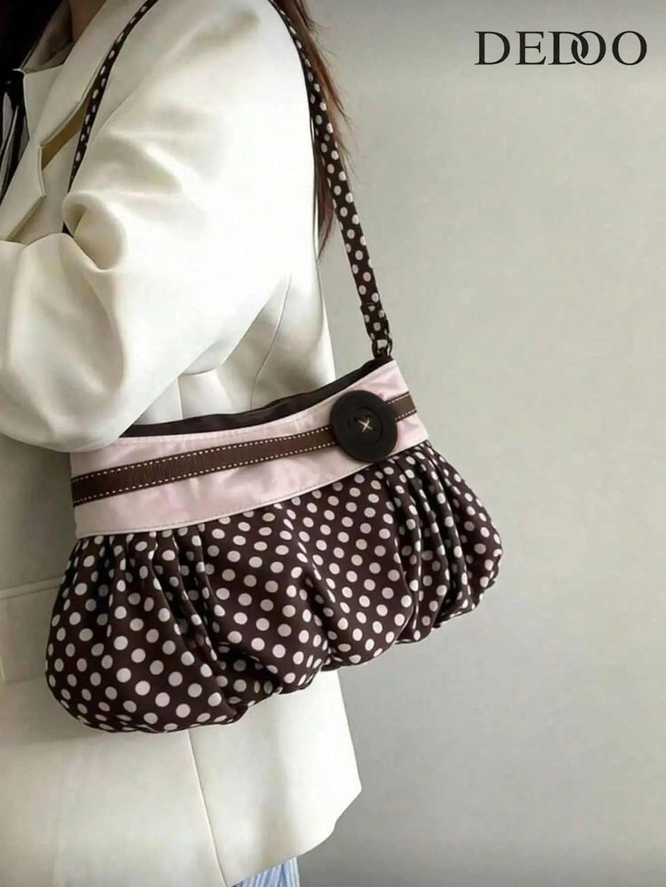 Women's Korean Retro Polka Dot Ruched Purse Shoulder Bag - Contrast Trim, Big Button Decor, Lightweight Fabric, Top Handle, Mori Style, Casual Daily Commute Crossbody Underarm Bag